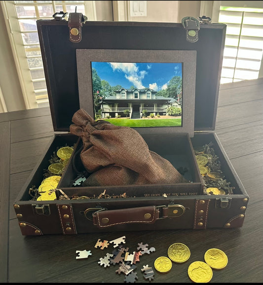 Personalized Puzzle in wooden trunk with gold chocolate coins.